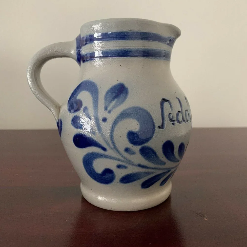 VTG 5” German HANDARBEIT Salt Glazed Cobalt Light Blue Pottery Pitcher A. Wagner - Picture 2 of 11